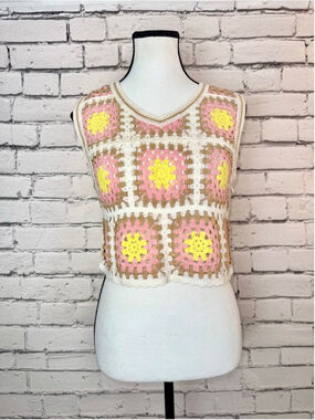 Women's WoWo Crochet Tank Top Granny Square Crop Top Festival Boho size Small
